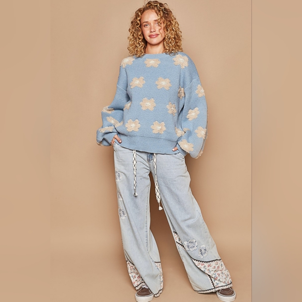 POL Blue Daisy Pattern Drop Shoulder Sweater